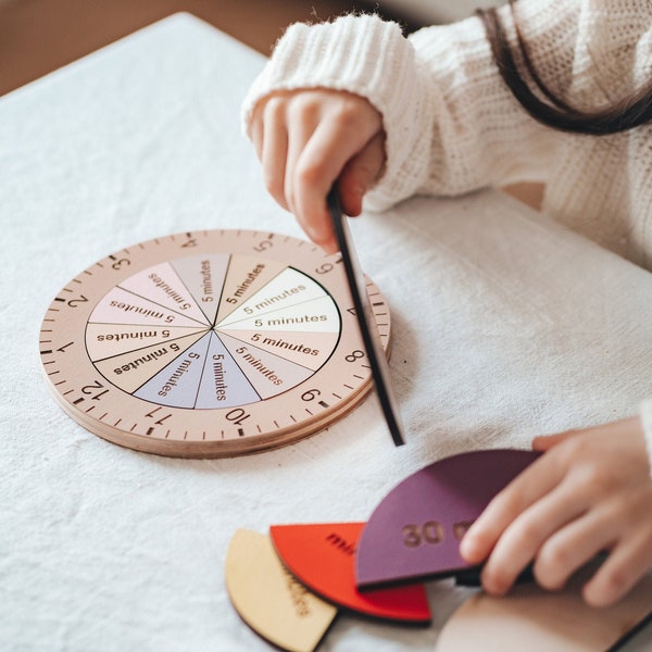 Wood Learning Clock, Fraction Of Time, Telling The Time, Montessori Toy, Sensory Kindergarten Toy, Gift for Kids, Educational Toy