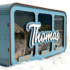 Personalized Wood Piggy Bank: Spend Save Share - Financial Literacy Gift