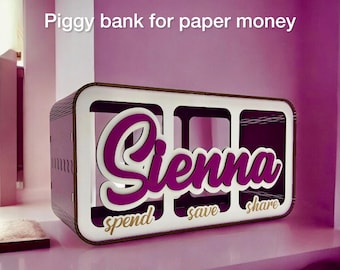 Personalized Piggy Bank | Save Spend Share Box for Kids | Wooden Money Bank | Montessori Savings Jar | Custom Toddler Gift
