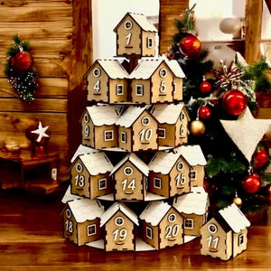 Wooden Advent Calendar Village: Christmas Countdown Mini House Drawers