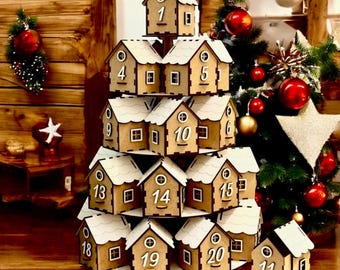 HOMCOM Light Up Wooden Christmas Advent Calendar - Bus With Village Scene & Drawers