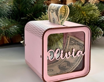KindlyToys | Personalized Piggy Bank, Kids Money Box with Name, Wooden DIY Piggy Bank, Toddler Gifts, Girl Nursery Decor, Birthday Gift