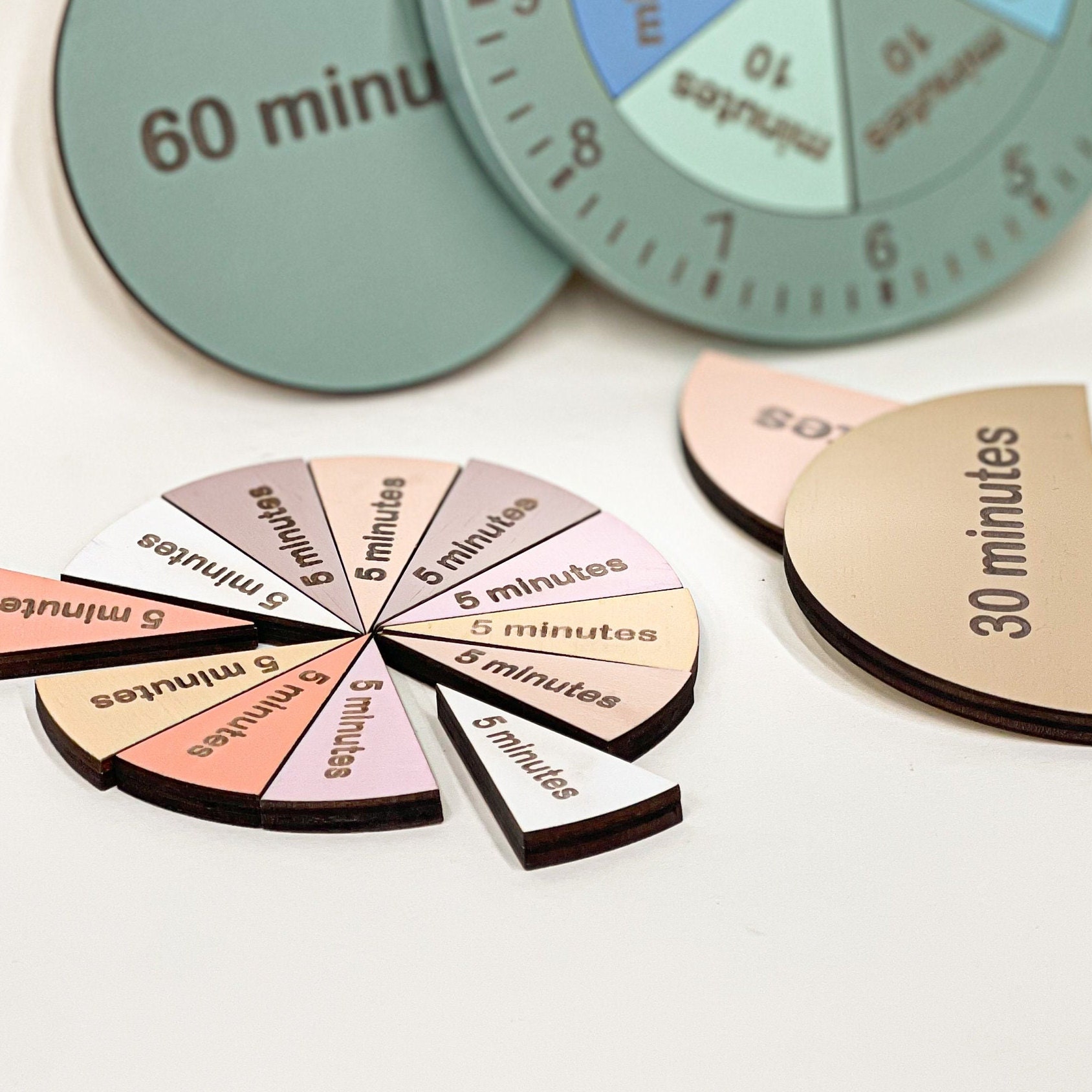 Clock Sencery Wood Learning Clock, Fraction of Time, Telling the Time, Montessori Toy ...