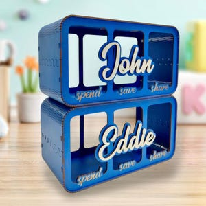 Personalized Kids Money Box: Wooden Piggy Bank, Spend Save Share