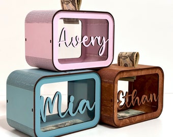 Name Piggy Bank, Wooden Coin Money Bank, Initial Kid Money Box, Personalized Coin Bank for Kid, Coin Bank Name, Wood Piggy Bank