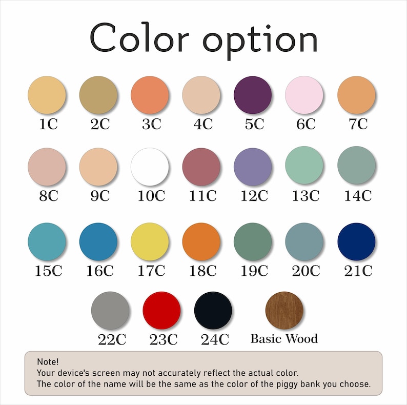 Peut inclure: Options de couleurs pour une tirelire. Les couleurs incluent : 1C jaune clair, 2C beige, 3C p&ecirc;che, 4C beige clair, 5C violet, 6C rose, 7C orange clair, 8C rose clair, 9C beige clair, 10C blanc, 11C mauve, 12C lavande, 13C vert clair, 14C gris clair, 15C bleu clair, 16C bleu, 17C jaune, 18C orange, 19C vert sauge, 20C gris, 21C bleu marine, 22C gris, 23C rouge, 24C noir et Bois Naturel.