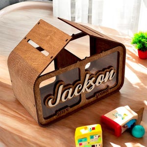 Personalized Wooden Piggy Bank: Kids&#39; Save & Spend Money Jar