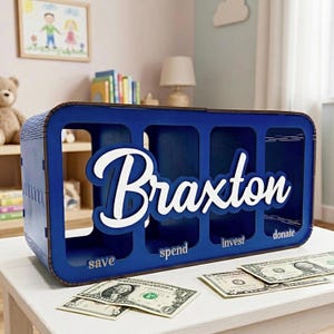 Puede incluir: Una hucha de madera azul con el nombre "Braxton" en escritura blanca. La caja está dividida en cuatro secciones etiquetadas como "save", "spend", "invest" y "donate". Varios billetes de banco son visibles frente a la caja.