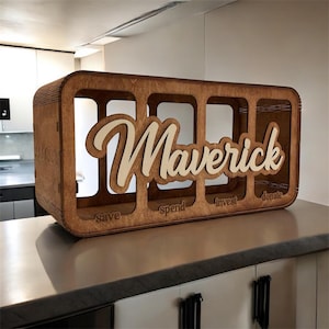 Spara, Spendera, Investera, Donera, Sparbössa | Sparbössa i trä för barn | Familjebudgetorganisatör, present | 4 fack, Spara, Spendera, Investera, Donera, Sparbössa