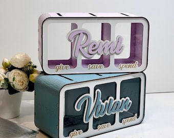 Personalized Piggy Bank: Kids' Wood Save Spend Share Bank