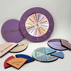 Wooden montessori clock for kids, Montessori toy, Learning game, Learning time, Learning clock, Fraction time, Preschool game,
