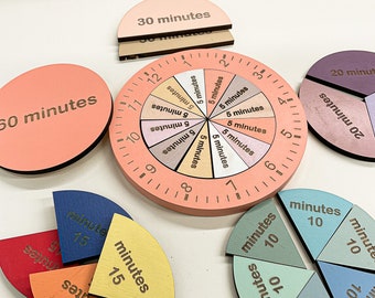 Wood Learning Clock, Fraction Of Time, Telling The Time, Montessori Toy, Sensory Kindergarten Toy, Gift for Kids, Educational Toy