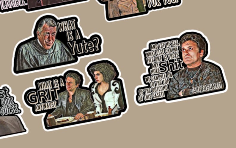 May include: A set of six stickers featuring quotes from the movie "My Cousin Vinny". The stickers feature different characters from the movie, including Vinny Gambini, Mona Lisa Vito, and the judge. The quotes on the stickers include "What is a Yute?", "What is a Grit Anywayst?", "And let me see, what else can we pile on? Is there any more Shit? We can pile on to the top of the outcome of this case!", and "Is it possible?"