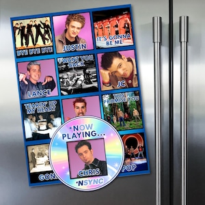 May include: A rectangular magnet featuring images of the boy band *NSYNC. The magnet has a blue background with nine square images of the band members and their song titles. A circular image in the center reads "Now Playing..." with a photo of Chris.