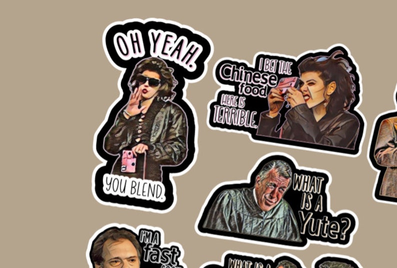 May include: A set of nine stickers featuring various characters and phrases from the movie Clueless. The stickers are black and white with a white outline. The phrases on the stickers include "Oh Yeah!", "You Blend", "I Bet The Chinese Food Here Is Terrible", "What Is A Yute?", and "I'm A Fast Learner".