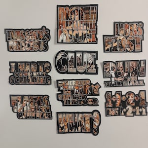 May include: Ten different stickers with various text and images. The stickers are all brown and black with a vintage look. The text on the stickers includes "This soup's delicious", "Most men need a little practice", "Ladies first", "I had to screaming", "Clue", "Run down the stairs", "Everything about him unlocks the door", "Flames on my face", "What?" and "1+1=2+1 not 1+2=1".