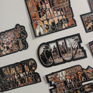 May include: A set of 10 stickers featuring various movie quotes and scenes. The stickers are black and white with a vintage look. The quotes include "Most men need a little practice", "I had to stop her screaming", "Never mind about the key, unlock the door", and "Clue".