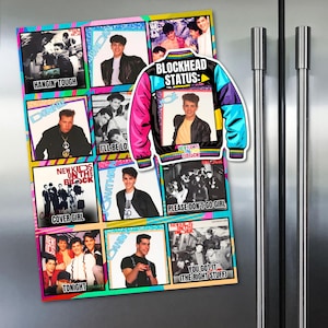 May include: A colorful magnet featuring images of New Kids on the Block album covers and band members. A jacket-shaped magnet with the text "BLOCKHEAD STATUS:" is also included. The magnet is displayed on a refrigerator.