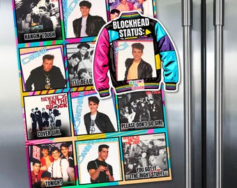 May include: A colorful magnet featuring images of New Kids on the Block album covers and band members. A jacket-shaped magnet with the text "BLOCKHEAD STATUS:" is also included. The magnet is displayed on a refrigerator.
