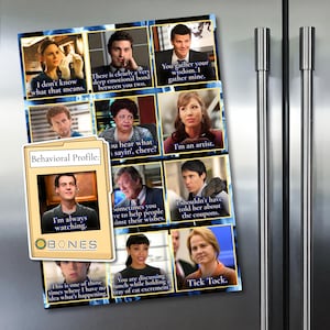 Puede incluir: Un im&aacute;n rectangular con citas e im&aacute;genes de la serie de televisi&oacute;n "Bones". El im&aacute;n incluye una tarjeta de "Perfil de comportamiento" y varias citas de personajes. El im&aacute;n est&aacute; adherido a un refrigerador de acero inoxidable.