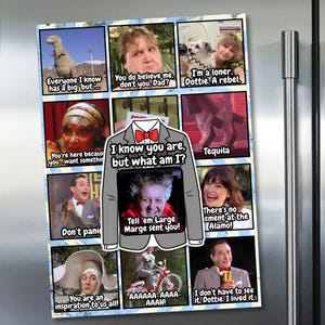 May include: A rectangular magnet featuring a collage of scenes from the movie Pee-wee's Big Adventure. The design includes various character stills with quotes, centered by a gray suit jacket graphic with the text I know you are, but what am I?