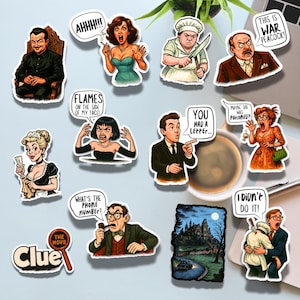May include: A collection of colorful stickers featuring characters and quotes from the movie "Clue." The stickers depict various scenes and characters, including a butler, a chef with a knife, and a woman exclaiming "AHHH!!!"