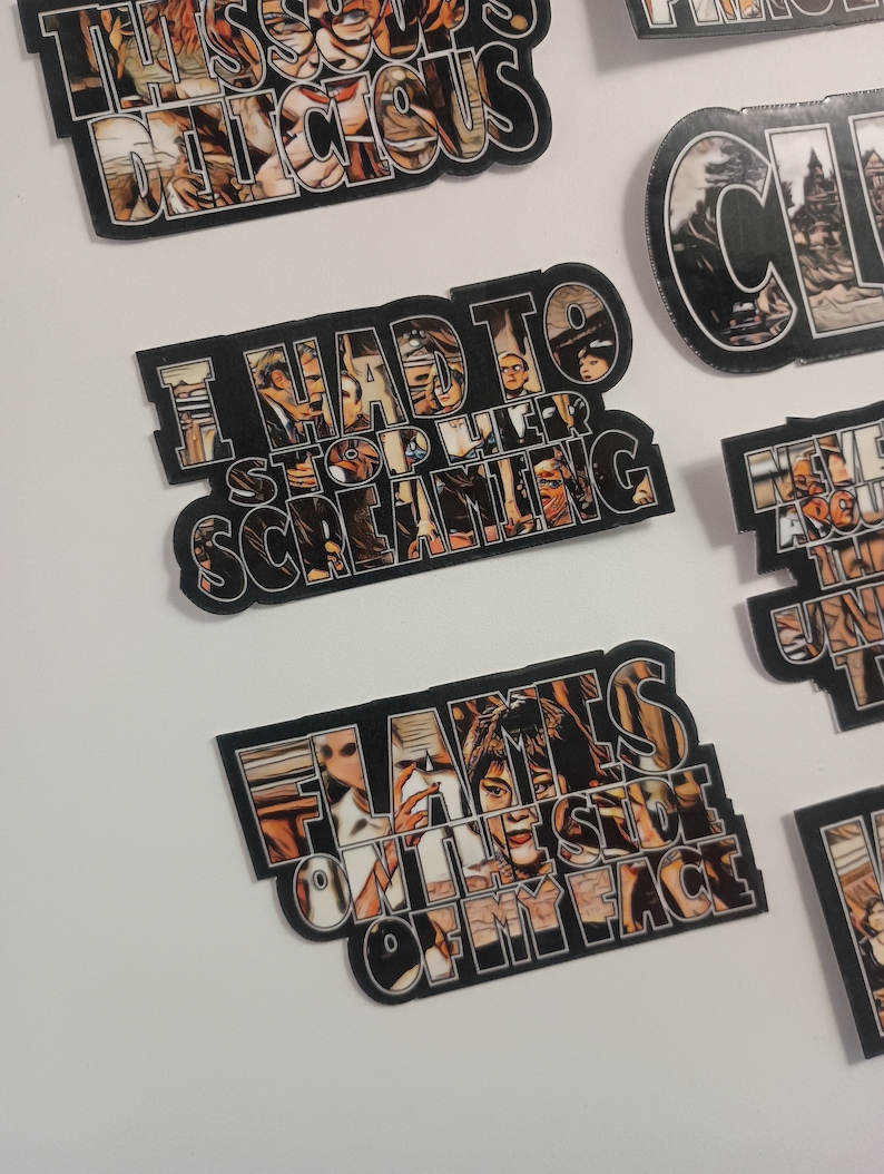 May include: A set of six black and white stickers with different phrases and images. The phrases include "This soup is delicious", "I had to stop her screaming", "Flames on the side of my face", "Never argue about the time", "Princess", and "Club".