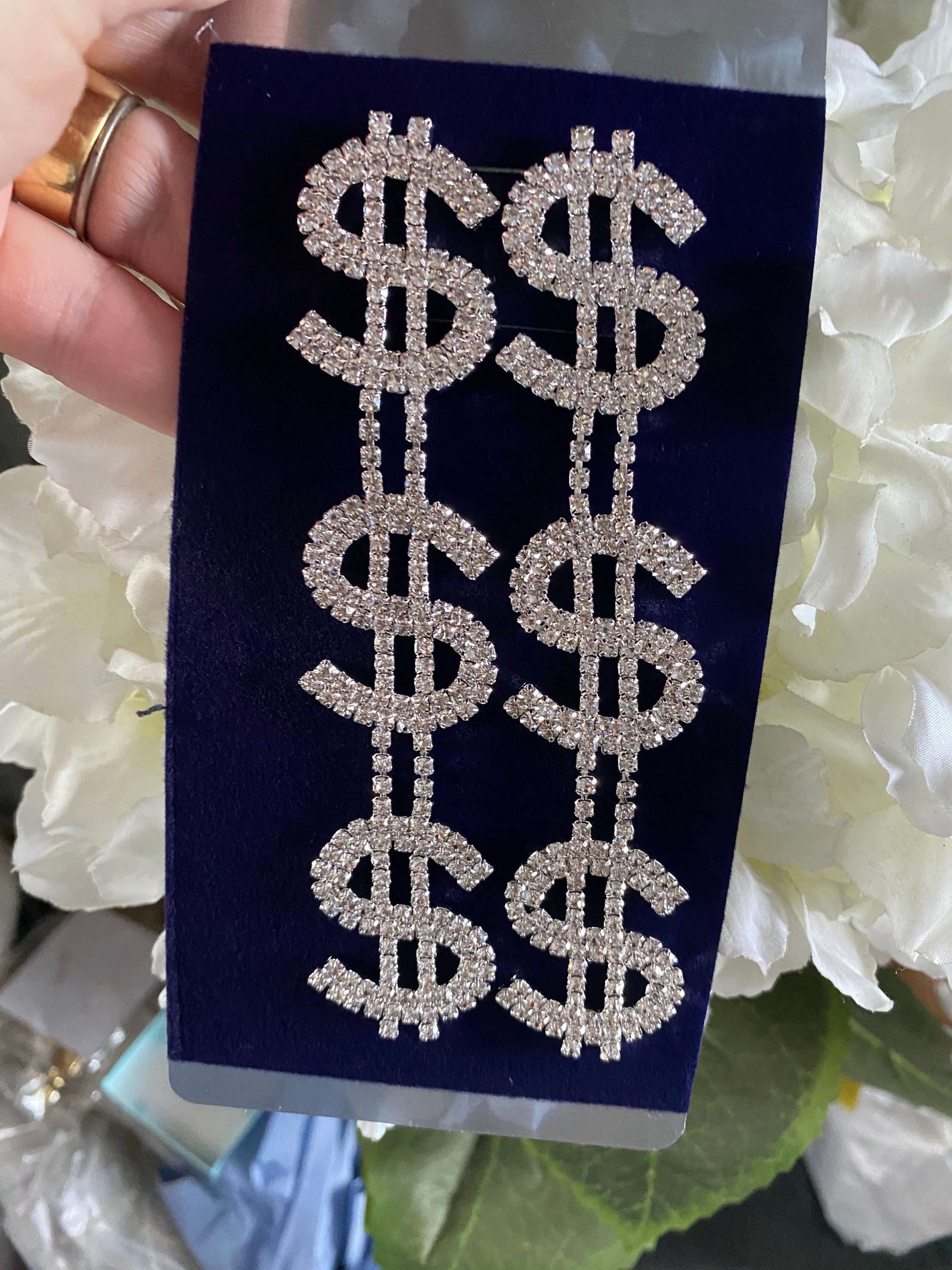 Long silver dollar sign crystal earrings rhinestone bling Etsy