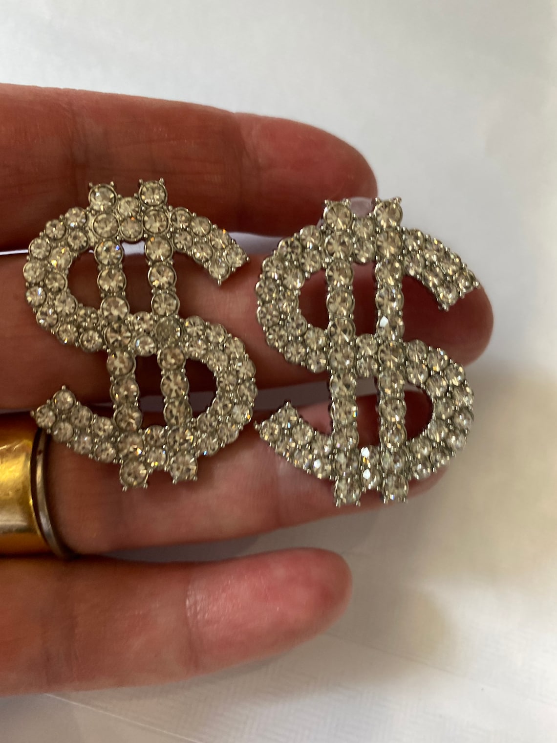 Stud silver dollar sign crystal earrings rhinestone bling Etsy