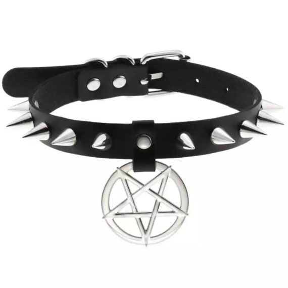 Spike Black Choker Collar Gothic Pentagram Leather Emo Neck Etsy