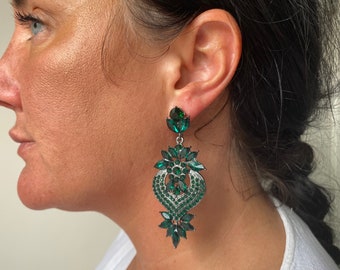 Emerald green flower wedding long earrings green Art Deco rhinestone bridal statement flower earrings long earrings glamorous earring