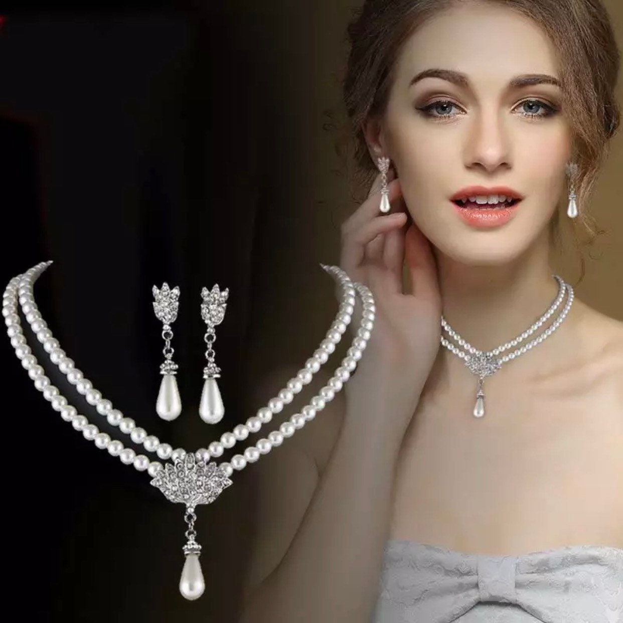 Pearl Jewellery Necklace EARRINGS Set 