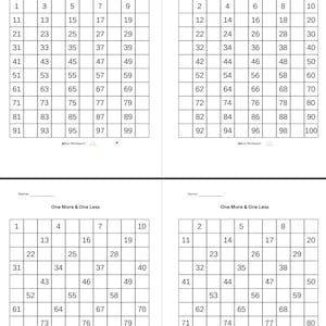 Peut inclure: Une feuille de calcul avec des grilles pour pratiquer les nombres pairs et impairs, et les problèmes mathématiques "Un de plus et un de moins". Les grilles supérieures affichent les nombres de 1 à 100, tandis que les grilles inférieures sont pour le séquençage des nombres.