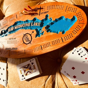 Cribbage Board Lake Map | Any Lake in America | Cribbage Board for Lake Home | 6 Wooden Pegs | Fun Board Games | Handcrafted | Great Gift