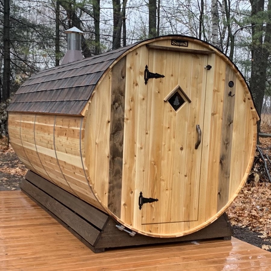 Elite Outdoor Barrel Sauna 6x12 - Western Red Cedar - Handcrafted in Minnesota - 6 Person - Changing Room - No Assembly Required