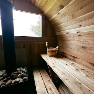 Ultra Outdoor Barrel Sauna 7x8 - Western Red Cedar - Handcrafted in Minnesota - 8 Person - Ultra Edition - No Assembly Required