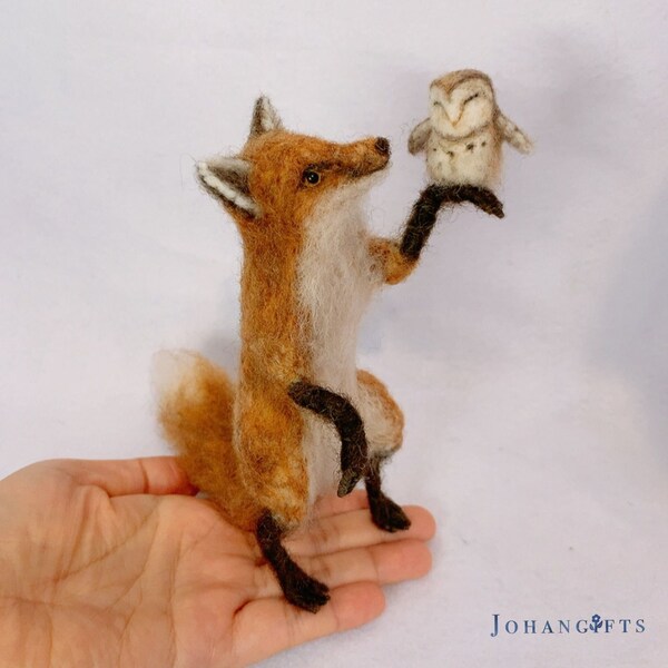 Red Fox and Owlet Wool Sculpture - Miniature Woodland Friends Figurine Gift, Whimsical Wildlife Home Decor, Unique Doll House Collectible