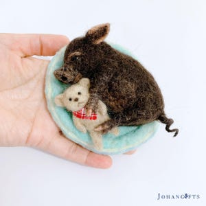 Needle Felted Sleeping Piglet and Teddy Bear: Handmade Wool Sculpture Figurine Collectible