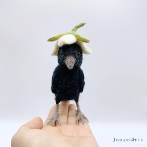 Handmade Needle Felted Baby Crow Corvid And Trillium Flower Wool Sculpture Figurine, Whimsical Gift for Wildlife Lover, One-of-a-kind Art