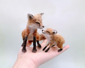 Needle Felted Red Fox Mom and Baby: Handmade Wool Sculpture Miniature Collectible Art