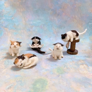 May include: Five needle-felted cat figurines in various poses. One calico cat sits, one black and white cat sits with legs extended, one calico cat lies curled, one white and grey cat sits, and one black and white cat stands on a wooden spool.