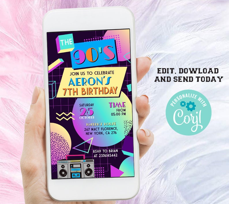 90s Birthday Invitation 90s Party Invite 90s Birthday Party Back to the 90s Theme Invite Retro 1990s Invitation DIgital CORJL