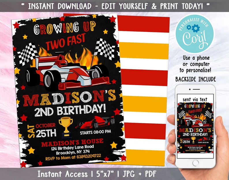 Editable Two Fast Birthday Invitation Two Fast Boy Race Car 2nd Birthday Party Invite Two Fast 2 Curious Race Car Party