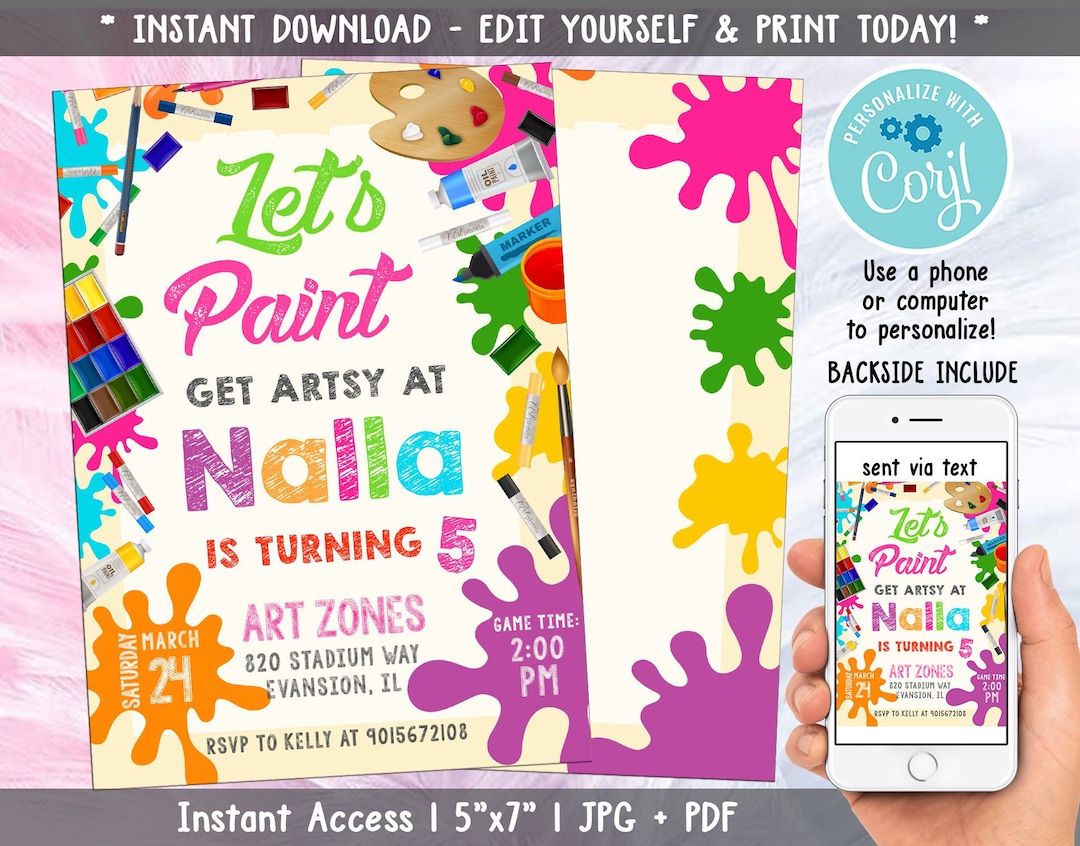 Art Paint Party Invitation, Art Birthday Party Invitation, Paint Colors