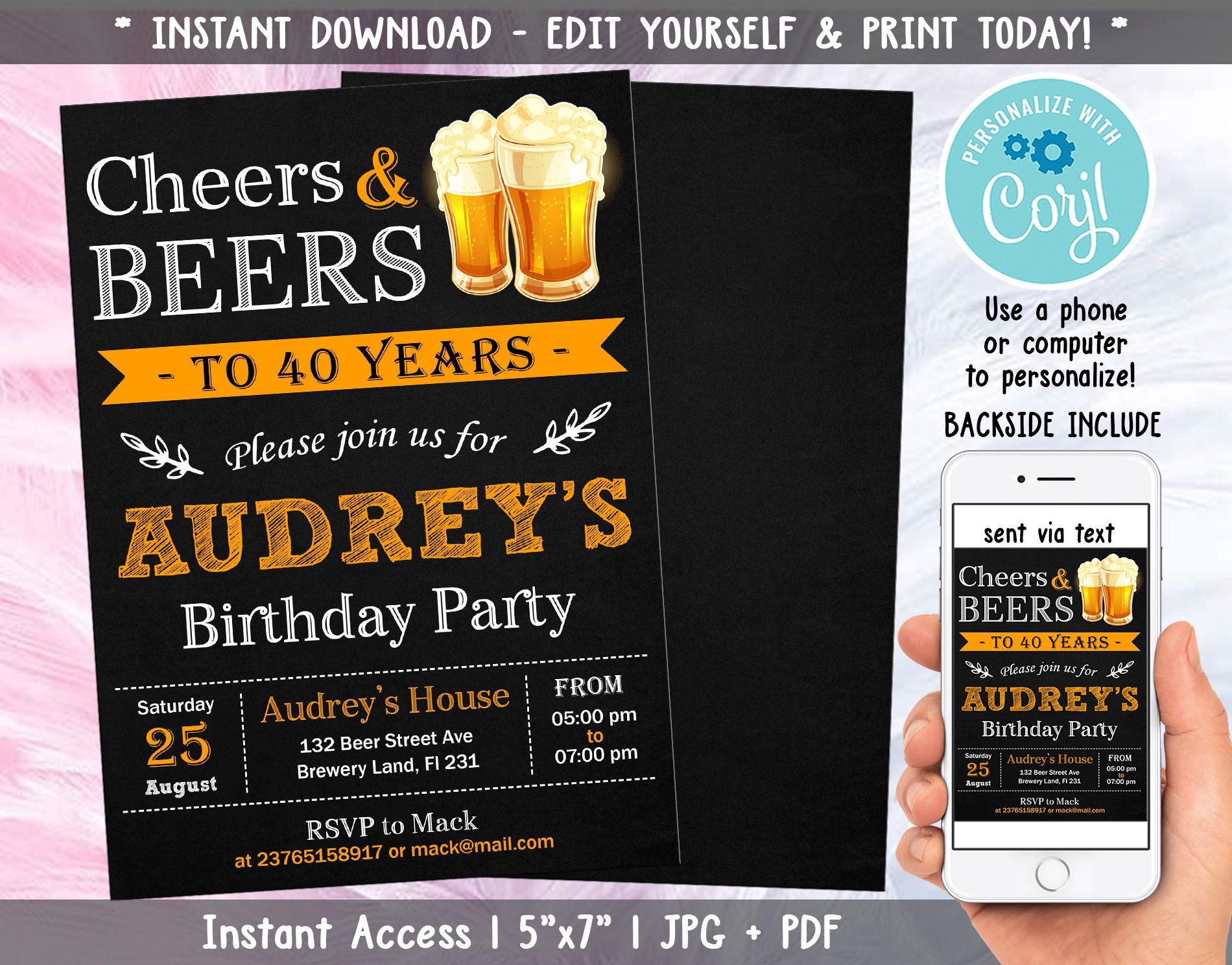 Cheers Beers 40th Birthday Party Invitations Personalised 21st 30th 50th 60th 