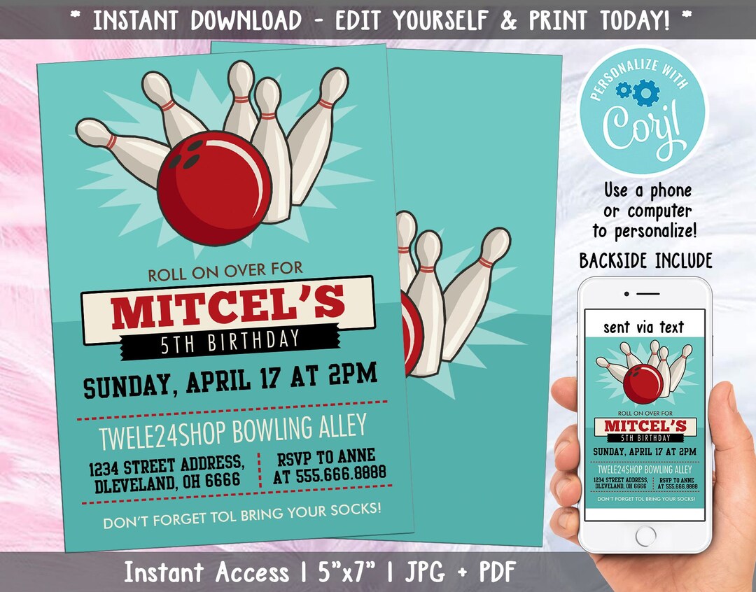 Bowling Birthday Invitation, Bowling Party Invitation, Bowling Theme Card, Bowling Invitation