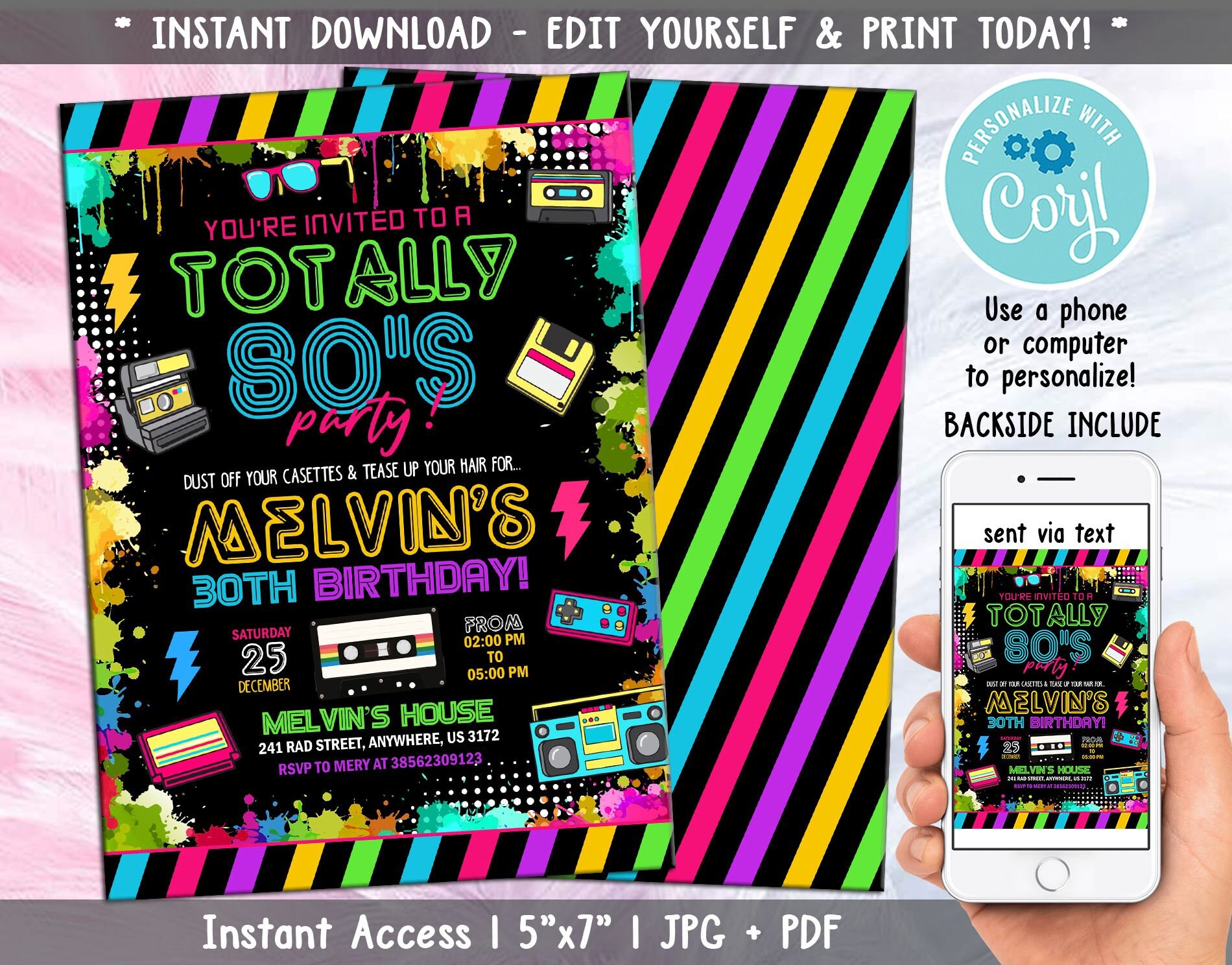 Editable 80s Invitation 80s Birthday Invitation 80s Party Invitation Back to 80s Retro Invitation Digital Corjl