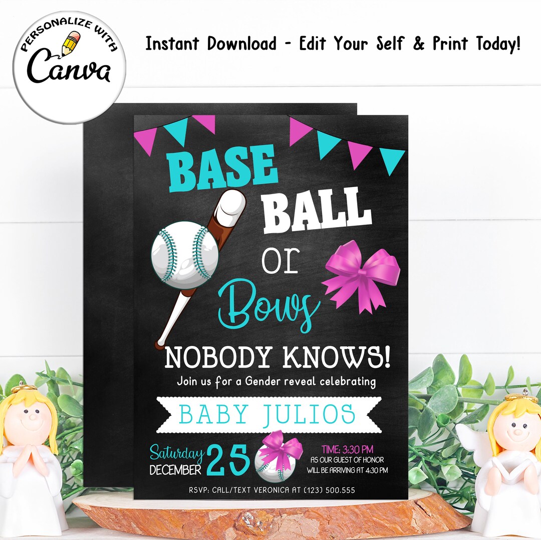 Baseball or Bows Gender Reveal Invitation Baseball or Bows Etsy