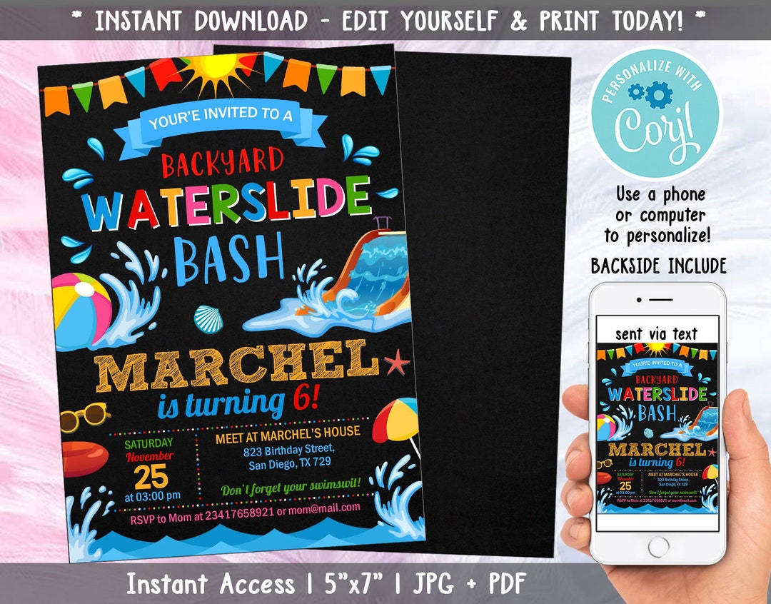 Editable Waterslide Birthday Invitation, Backyard Waterslide Invitation ...