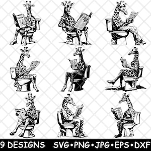 Giraffa Toilette Lettura Giornale Divertente Bagno Scarico Arte Laser File SVG PNG JPG Scala di grigi Brucia Immagine Taglia Vettore Sottobicchiere Nero Bianco Cnc Legno